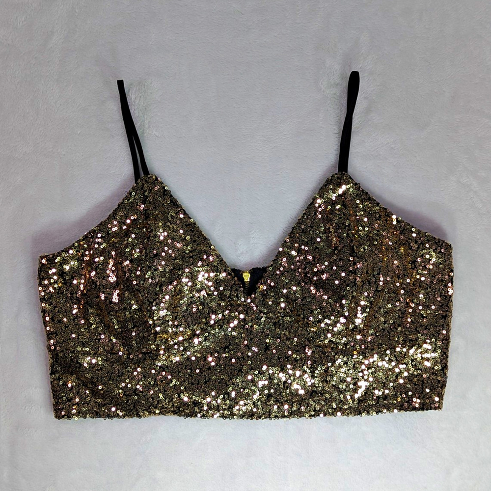 Charlotte Russe Gold Black Sequin V-Neck Crop Top L Sparkly Party Cami Night Out